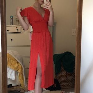 Deep-V Red Jacquard Floral Midi dress